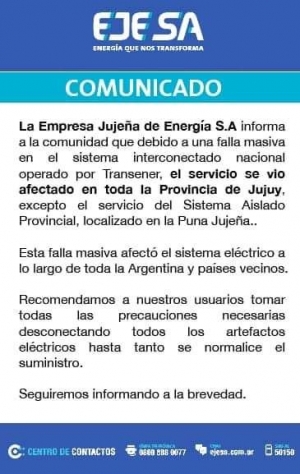 Comunicado de EJESA sobre el corte de luz